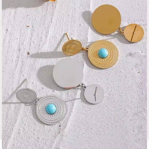 Turquoise Sunburst Drop Earrings – Stainless Steel, PVD Real Gold Plated - Picture 4 of 6